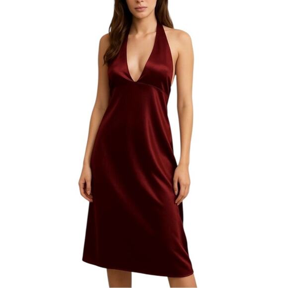 Jason Wu Women’s Burgundy Wine Red Halter Neck Satin Cocktail Midi Dress - Picture 1 of 11